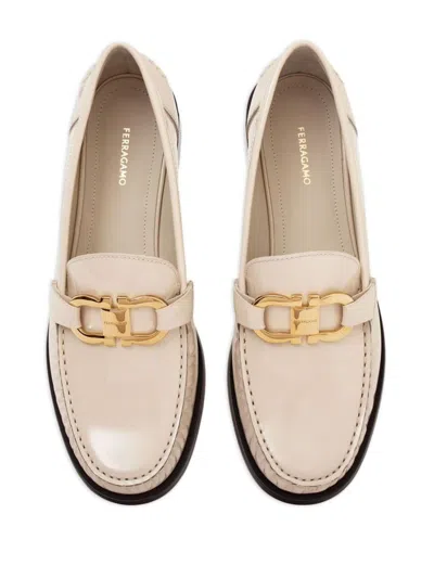 Ferragamo Maryan Patent Gancini Bit Loafers In White