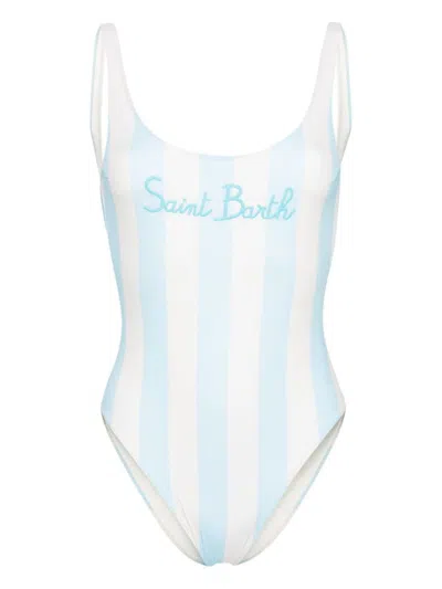 Shop Mc2 Saint Barth Logo Striped One-piece Swimsuit In Clear Blue