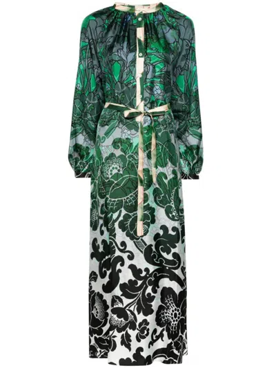 Shop Pierre-louis Mascia Printed Silk Long Dress In Green