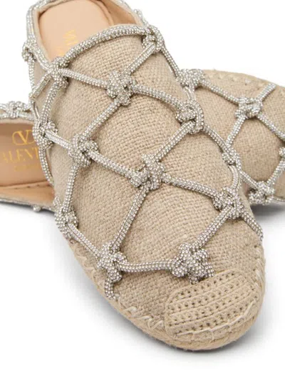 Shop Valentino Garavani Crystal Embellished Linen Slippers In Beige
