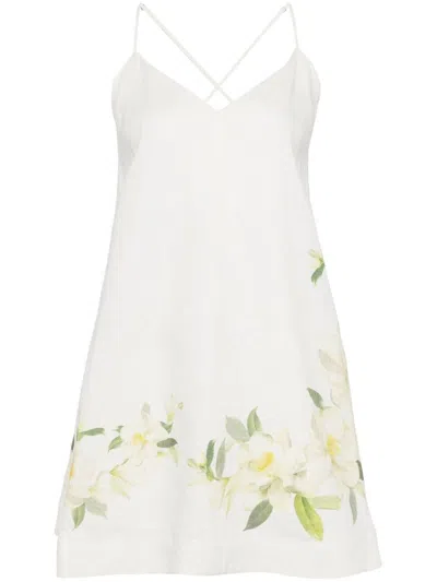 Shop Zimmermann Floral Print Linen Mini Dress In Ivory