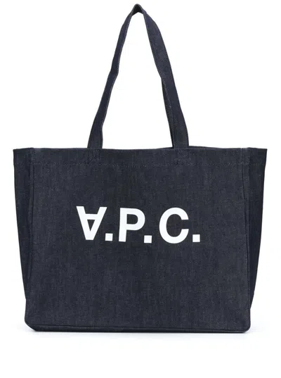 Shop Apc 'daniela' Blue Shopper Bag With Logo In Cotton Denim Wioman