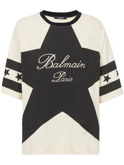 Shop Balmain T-shirt With Stars In Beige