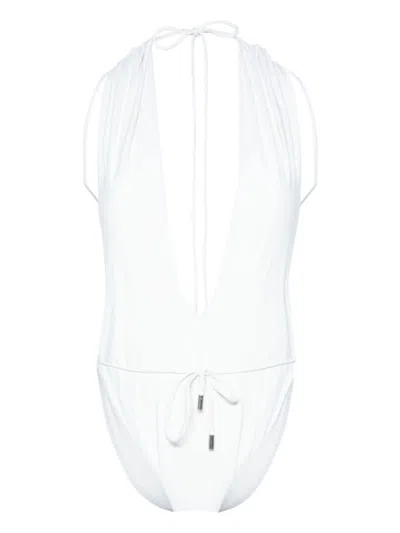 Shop Saint Laurent Backless V-halter Swimsuit In White