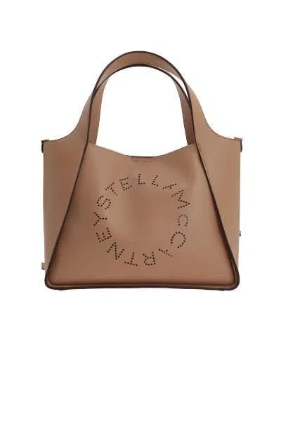 Shop Stella Mccartney Beige Tote Bag With Perforated Logo Lettering Detail At The Front In Faux Leather Woman