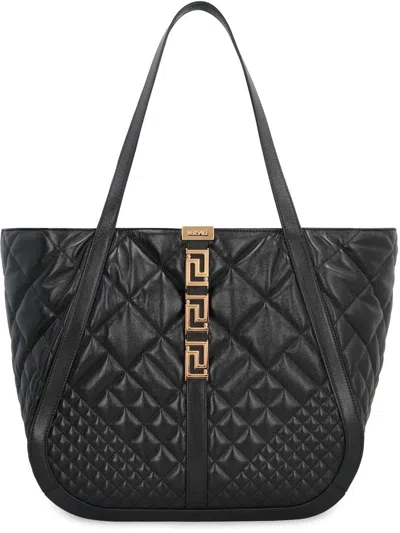 Shop Versace Greca Goddess Leather Tote In Black