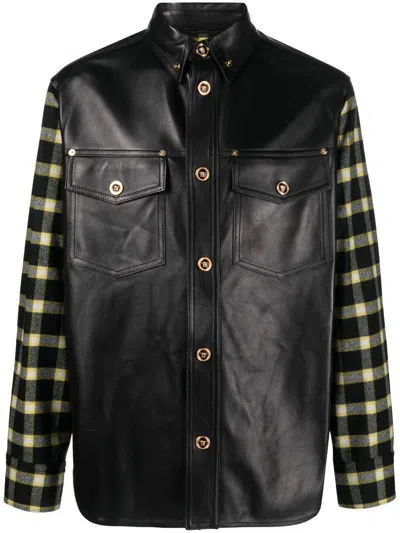Versace Leather Shirt Checkered Sleeves In Black