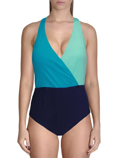 Shop Jantzen Womens Colorblock Criss-cross Back One-piece Swimsuit In Blue