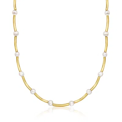 Shop Ross-simons Italian 7-7.5mm Cultured Pearl And 18kt Gold Over Sterling Curved-link Necklace In Multi