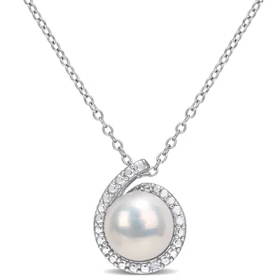 Shop Mimi & Max 8-8.5mm Cultured Freshwater Pearl And Diamond Accent Halo Necklace In Sterling Silver In White