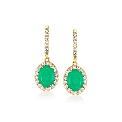 Shop Ross-simons Emerald And . Diamond Drop Earrings In 18kt Yellow Gold In Green
