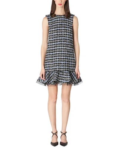 Carolina Herrera Check Tweed Ruffle-hem Sleeveless Mini Shift Dress In Blue