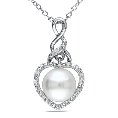 Mimi & Max 8-8.5mm White Cultured Freshwater Pearl And Diamond Heart Necklace In White