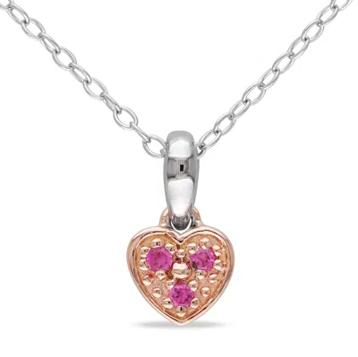 Mimi & Max Created Pink Sapphire Trillium Heart Child's Necklace In Two-tone Rose And White Sterling Silver In Pink