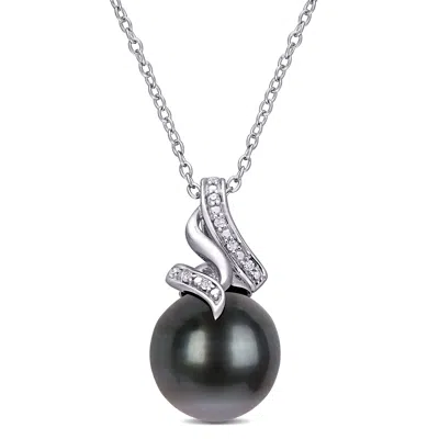 Shop Mimi & Max 9-9.5mm Black Tahitian Pearl And Diamond Twist Necklace In Sterling Silver