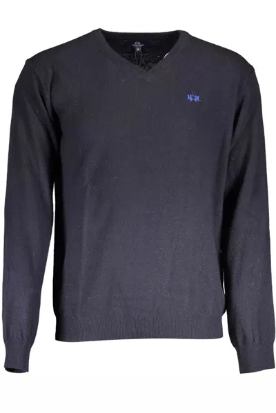 Shop La Martina Elegant V-neck Wool Blend Men's Sweater In Blue