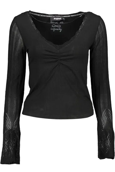 Shop Desigual Chic V-neck Lace Accent Women's Shirt In Black