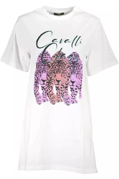 Shop Cavalli Class Chic Cotton Dress With Iconic Women's Print In White