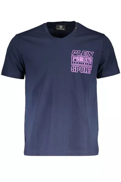 Shop Plein Sport V-neck Logo Print Cotton Men's T-shirt In Blue