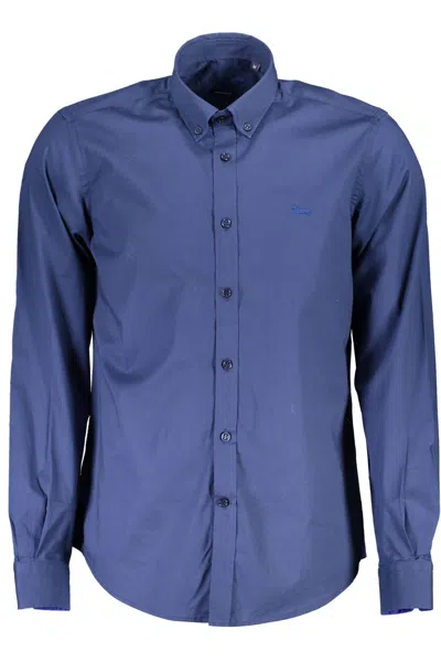 Shop Harmont & Blaine Elegant Slim-fit Long Sleeve Men's Shirt In Blue