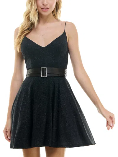 Shop City Studio Juniors Womens Metallic Polyester Fit & Flare Dress In Black