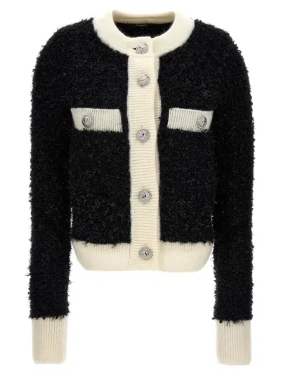 Shop Balmain Furry Tweed Cardigan Sweater, Cardigans White/black