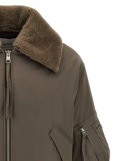 Shop Ami Alexandre Mattiussi Sheepskin Collar Bomber Jacket Casual Jackets, Parka Green