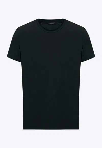 Tom Ford Blue Crew Neck T-shirt With Embroidered Logo In Cotton Blend Man In Black