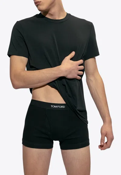 Tom Ford Blue Crew Neck T-shirt With Embroidered Logo In Cotton Blend Man In Black
