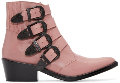 Toga Buckle Leather Ankle Boots In Pink