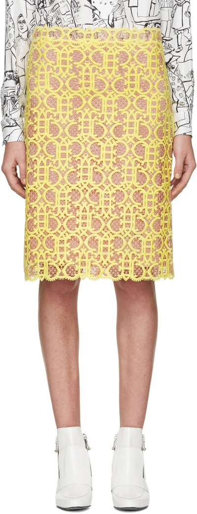 Shop Emilio Pucci Yellow & Pink Logo Lace Skirt