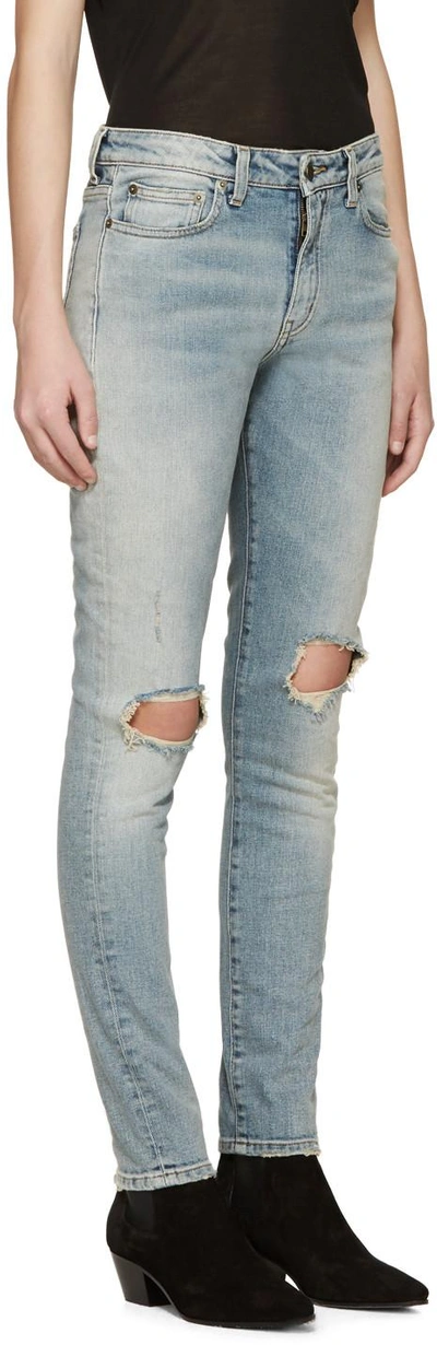 Shop Saint Laurent Blue Distressed Skinny Jeans