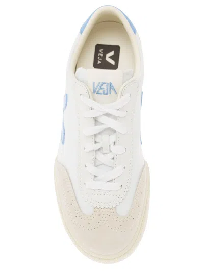 Shop Veja 'volley' White And Light Blue Low Top Sneakers With V Patch In Bio Cotton Woman