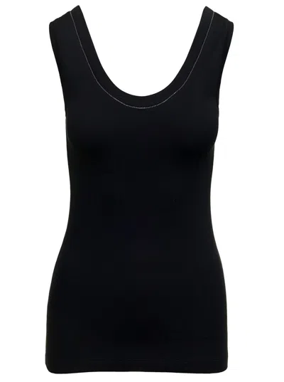 Shop Brunello Cucinelli Black Ribbed Tank Top With Monile Detail In Stretch Cotton Woman