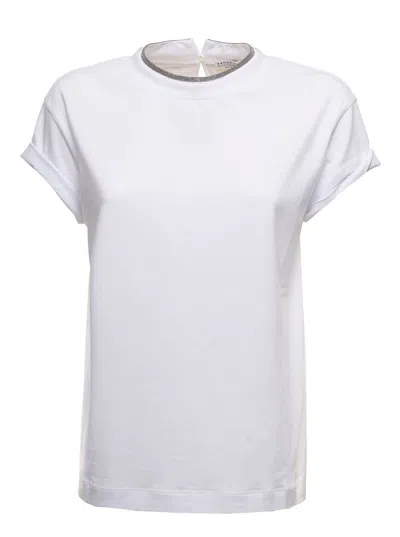 Shop Brunello Cucinelli Woman's White Cotton T-shirt With Monile Crew Neck