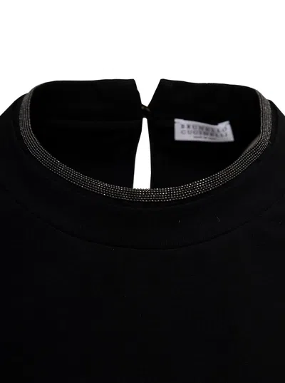 Shop Brunello Cucinelli Woman's Black Cotton T-shirt With Monile Crew Neck