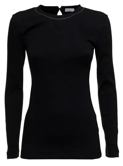 Shop Brunello Cucinelli Woman's Long-sleeved Black Cotton T-shirt With Monile Crew Neck