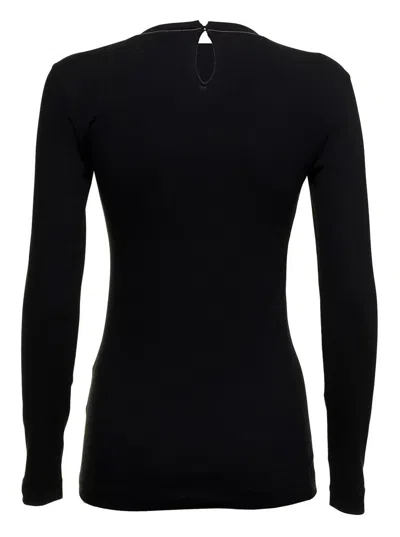 Shop Brunello Cucinelli Woman's Long-sleeved Black Cotton T-shirt With Monile Crew Neck