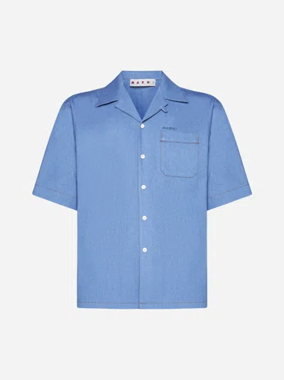 Shop Marni Logo Denim Shirt In Azure