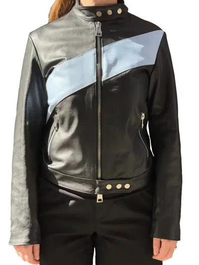 Shop La Rose Leather Bomber Black In Black/baby Blue