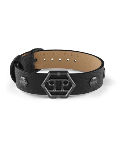 Shop Philipp Plein Hexagon Calf Leather Bracelet In Black