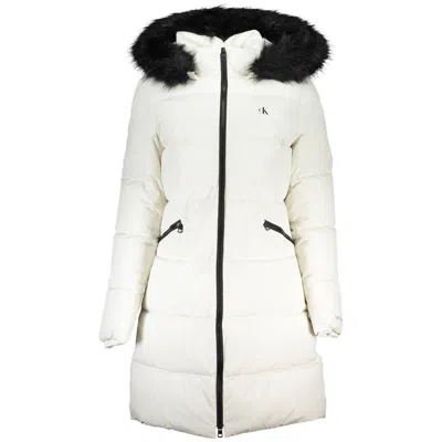 Shop Calvin Klein Elegant Long Sleeve Jacket With Fur-trimmed Women's Hood In White