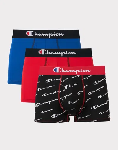 Shop Champion Men's 3-pack Moisture Wicking Lightweight Stretch Trunks In Scarlet/blue/black Script Print In Multi