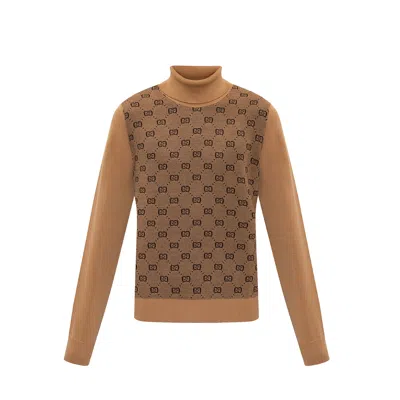 Shop Gucci Jacquard Turtleneck Sweater In Beige