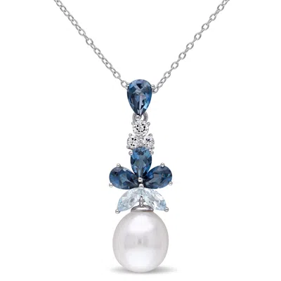 Mimi & Max 3 1/4ct Tgw London, Sky Blue And White Topaz And 9.5-10mm White Cultured Freshwater Pearl Necklace In Blue