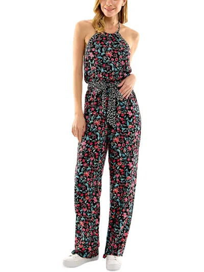Shop Kingston Grey Juniors Womens Floral Print Crinkled Jumpsuit In Multi