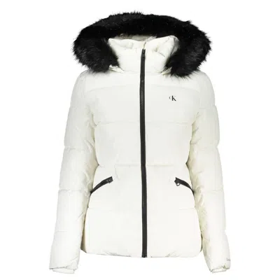 Shop Calvin Klein Elegant Long-sleeved Winter Jacket With Fur Women's Hood In White