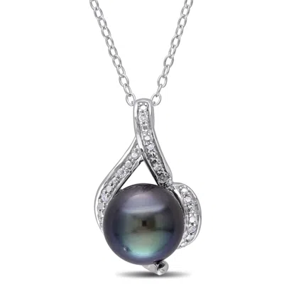 Shop Mimi & Max 9-9.5mm Black Tahitian Pearl And Diamond Curlicue Necklace In Sterling Silver