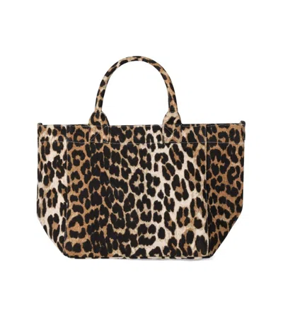 Shop Ganni Leopard Print Small Shopping Bag In Brown