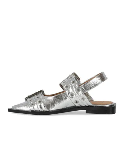 Shop Ganni Silver Slingback Ballet Flat Shoe With Buckles